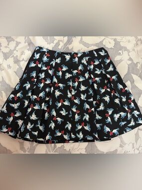 Alice + Olivia Black Circle Skirt with Blue & White Dove and Red Heart Print